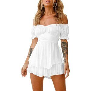 Women White Boho Romper Off Shoulder Ruffle Chiffon Shorts Jumpsuit Playsuits
